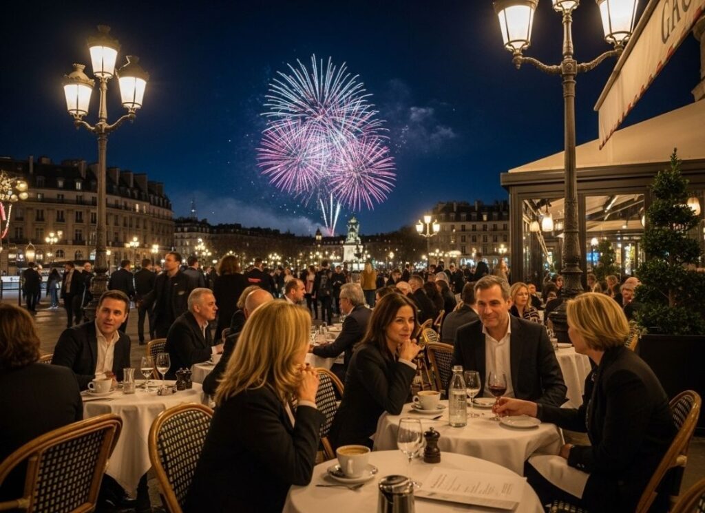 Café na França, pessoas na rua enquanto os fogos da virada de ano queimam.