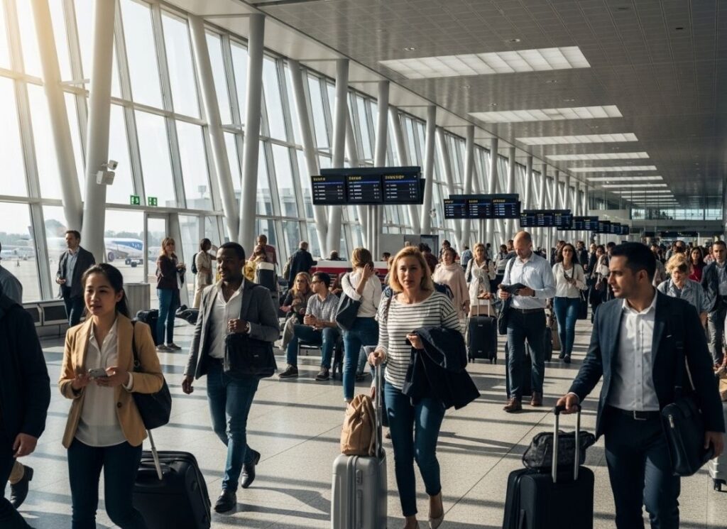 Pessoas em aeroporto moderno.