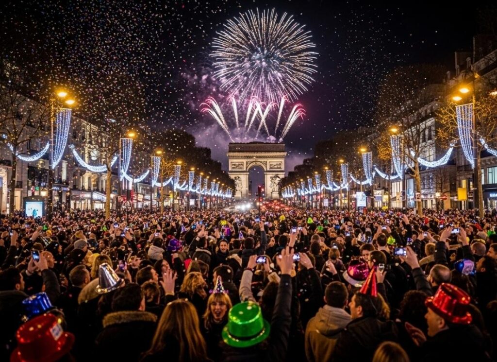 Avenida Champs-Élysées iluminada e com pessoas para a virada de ano em Paris.