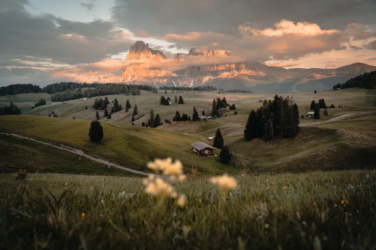Campos alpinos de Alpe di Siusi com montanhas ao fundo