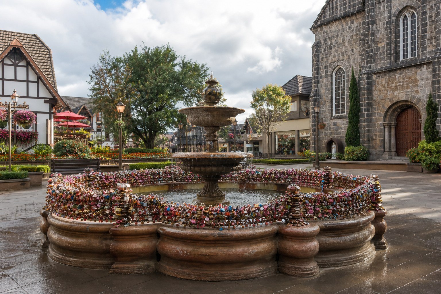 Fonte do Amor Eterno em Gramado com cadeados coloridos no centro da cidade