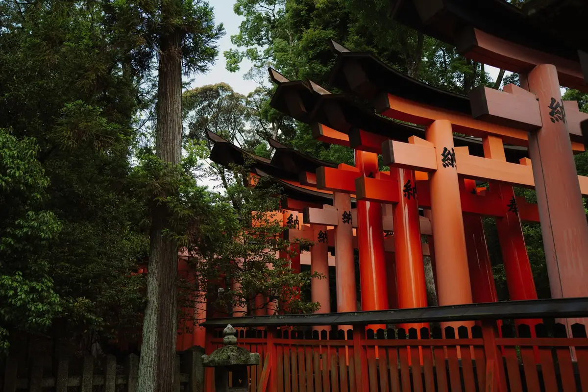 Corredor de portões torii vermelhos no santuário Fushimi Inari Taisha em Kyoto