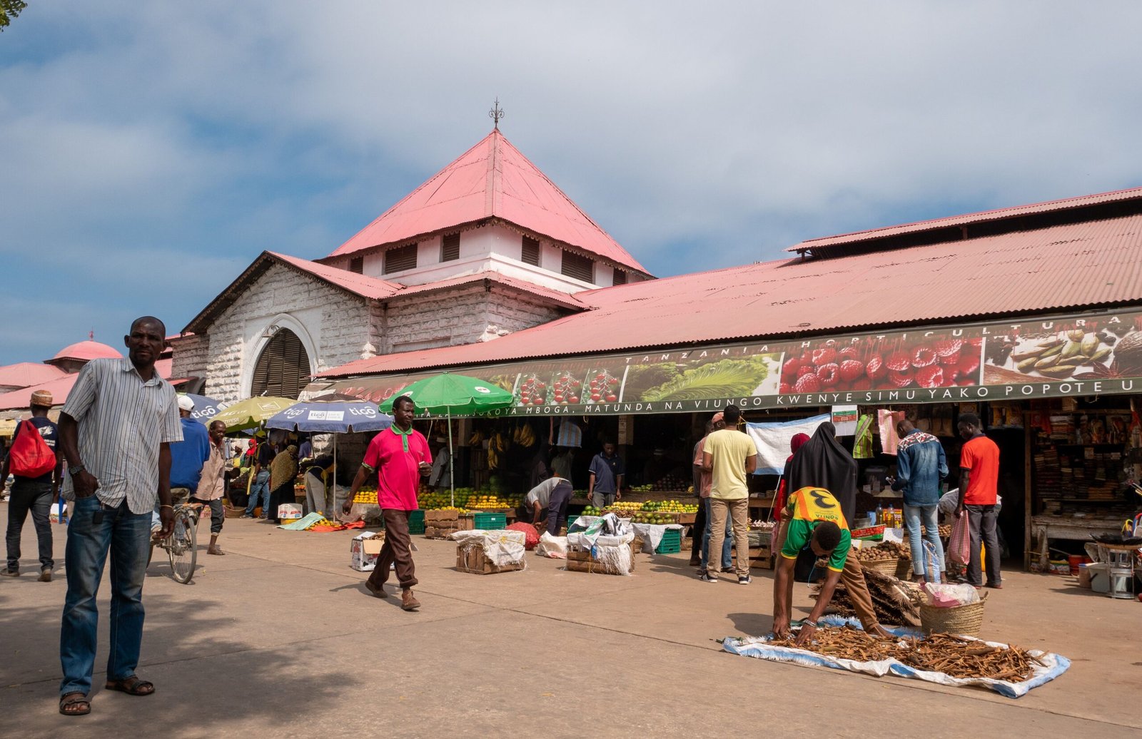 Mercado de rua movimentado em cidade africana, cenário típico de Arusha
