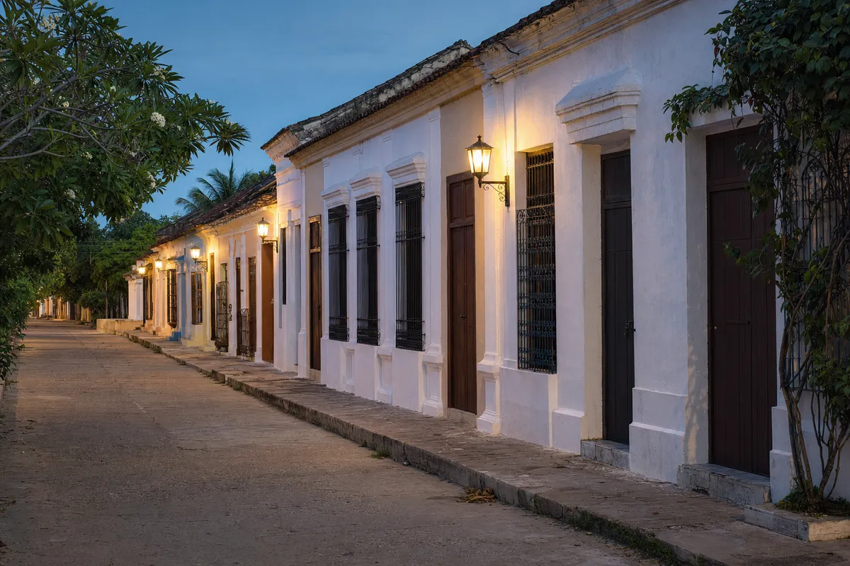Fachadas coloniais iluminadas em uma rua de Mompox