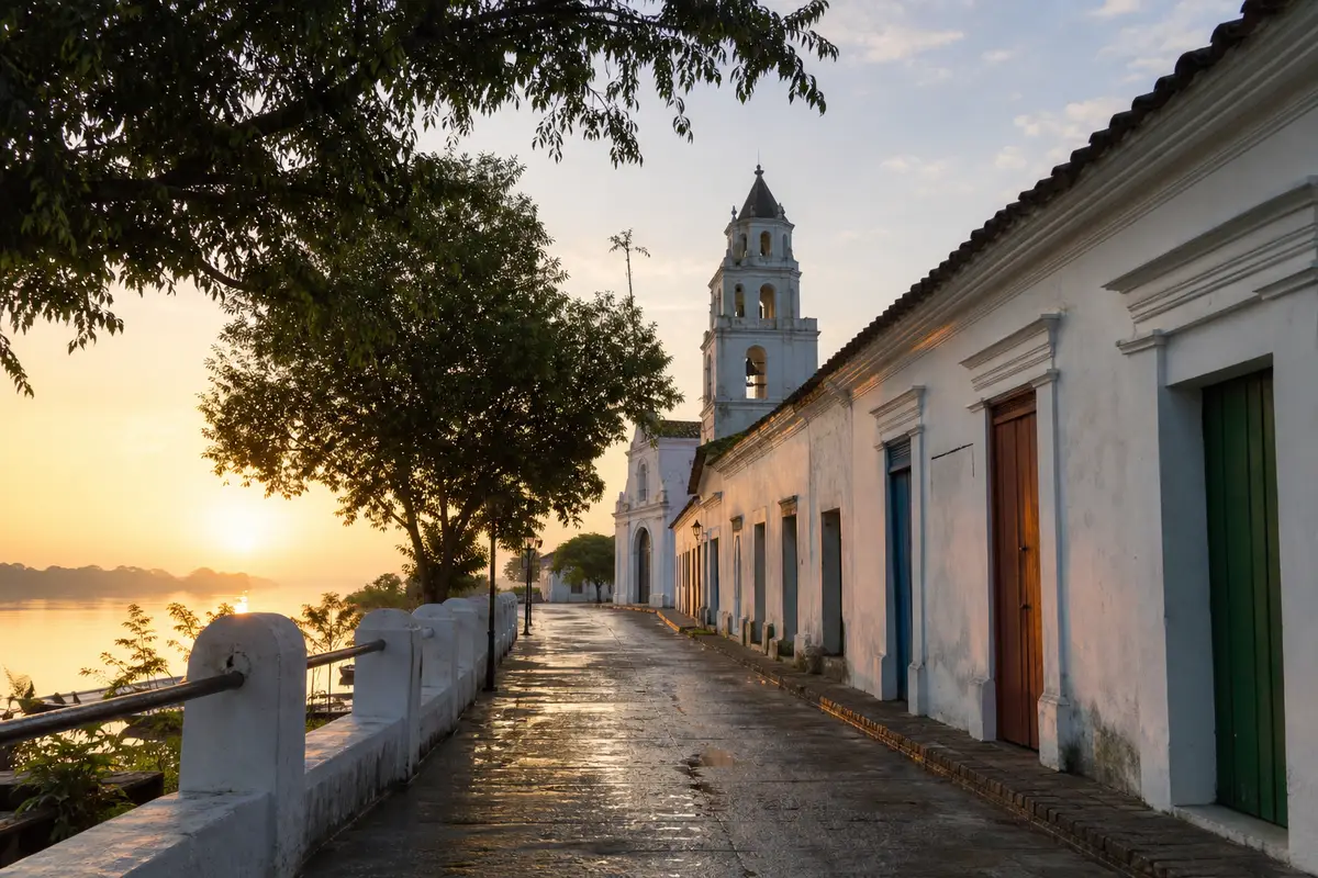 Rua colonial de Mompox junto ao rio ao amanhecer