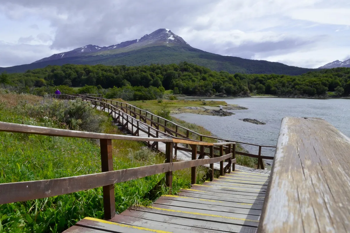 Passarela de madeira no Parque Nacional Tierra del Fuego em Ushuaia