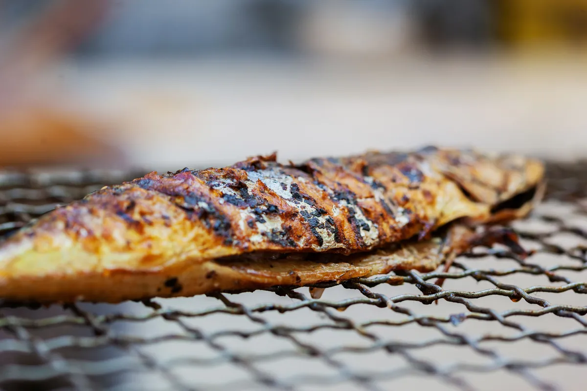 Peixe grelhado servido como prato principal em restaurante à beira-mar