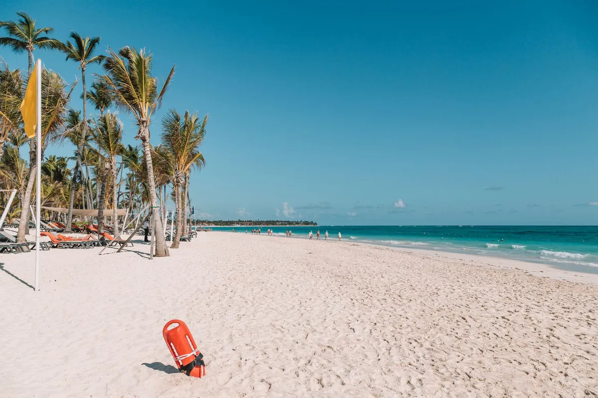 Coqueiros e faixa de areia em praia de Punta Cana