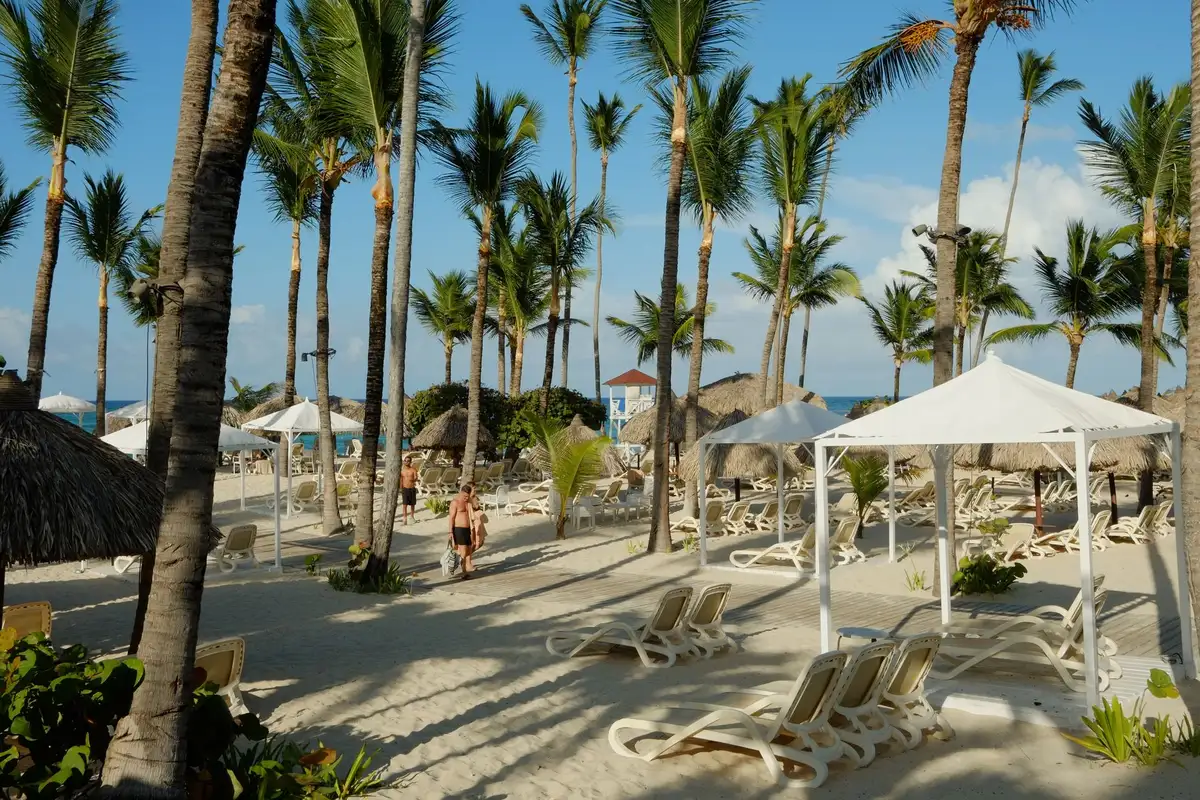 Praia tropical com palmeiras na República Dominicana