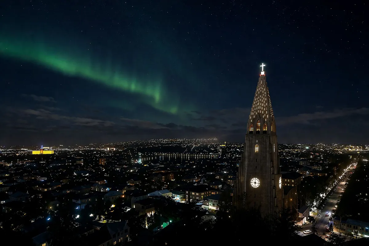 Aurora boreal sobre a Hallgrímskirkja em Reykjavík