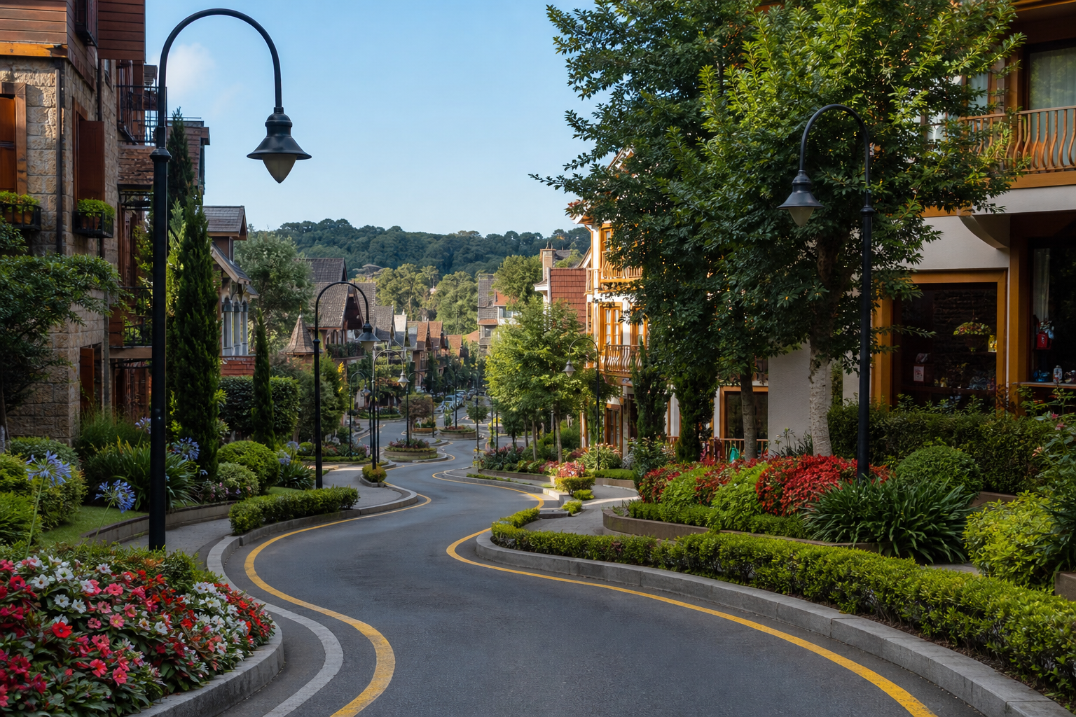 Ilustração editorial de rua sinuosa em Gramado com jardins, postes curvos e arquitetura serrana