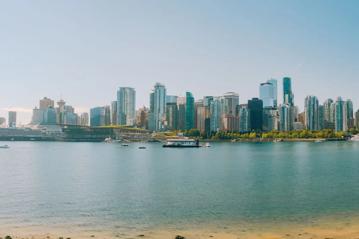 Skyline de Vancouver com montanhas ao fundo e marina