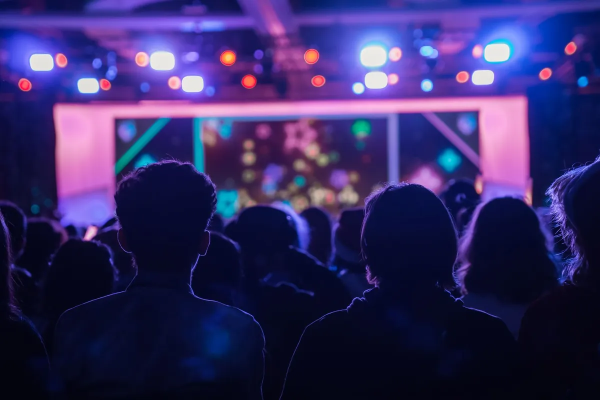 Público diante de show de luzes no Palácio dos Festivais em Gramado