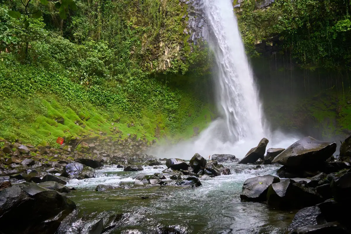 Catarata La Fortuna cercada por floresta tropical