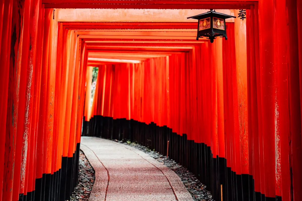 Caminho de portões torii vermelhos no Fushimi Inari Taisha em Kyoto