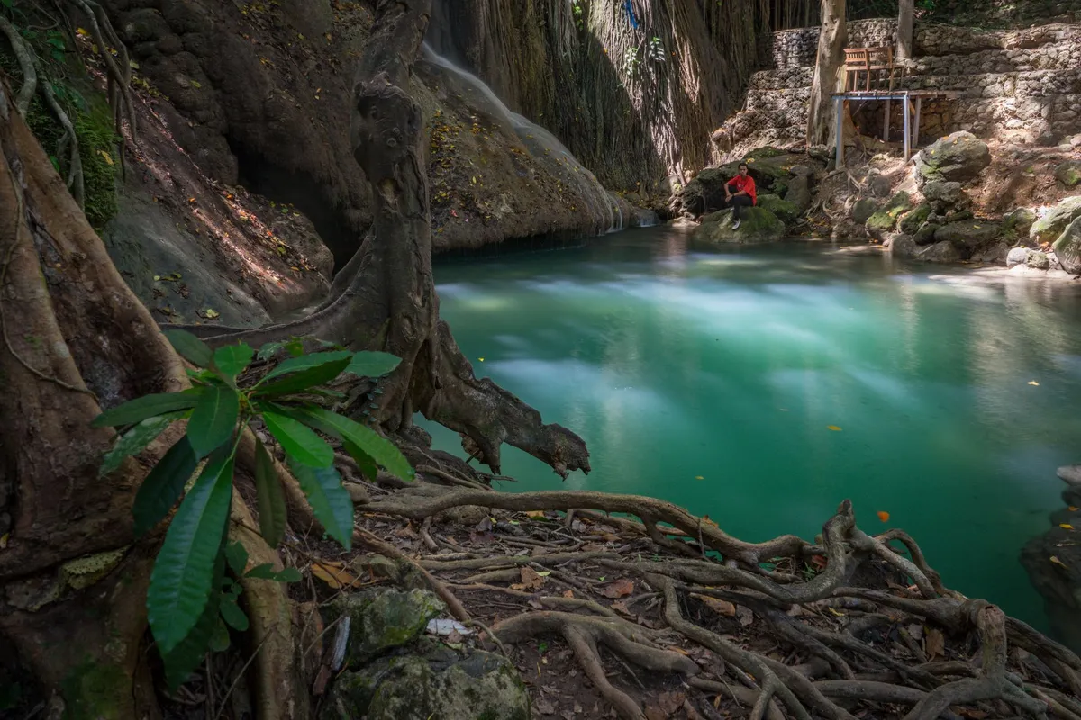 Cachoeira com poço de água verde entre a mata