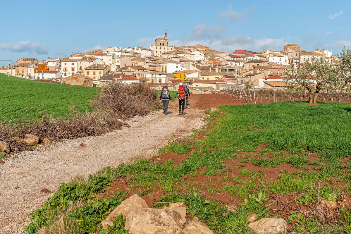 Peregrinos caminhando em uma etapa rural do Caminho de Santiago