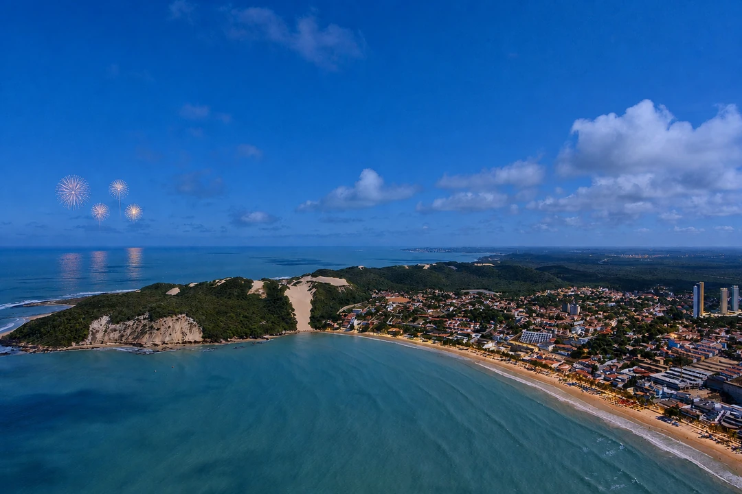 Morro do Careca e orla de Ponta Negra no crepúsculo, com fogos ilustrativos no céu