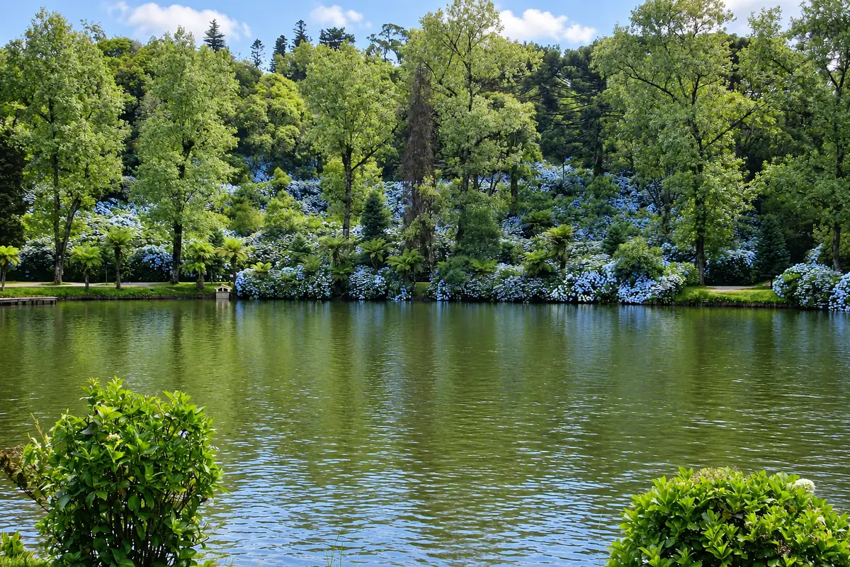 Margem do Lago Negro em Gramado com hortênsias e árvores refletidas na água