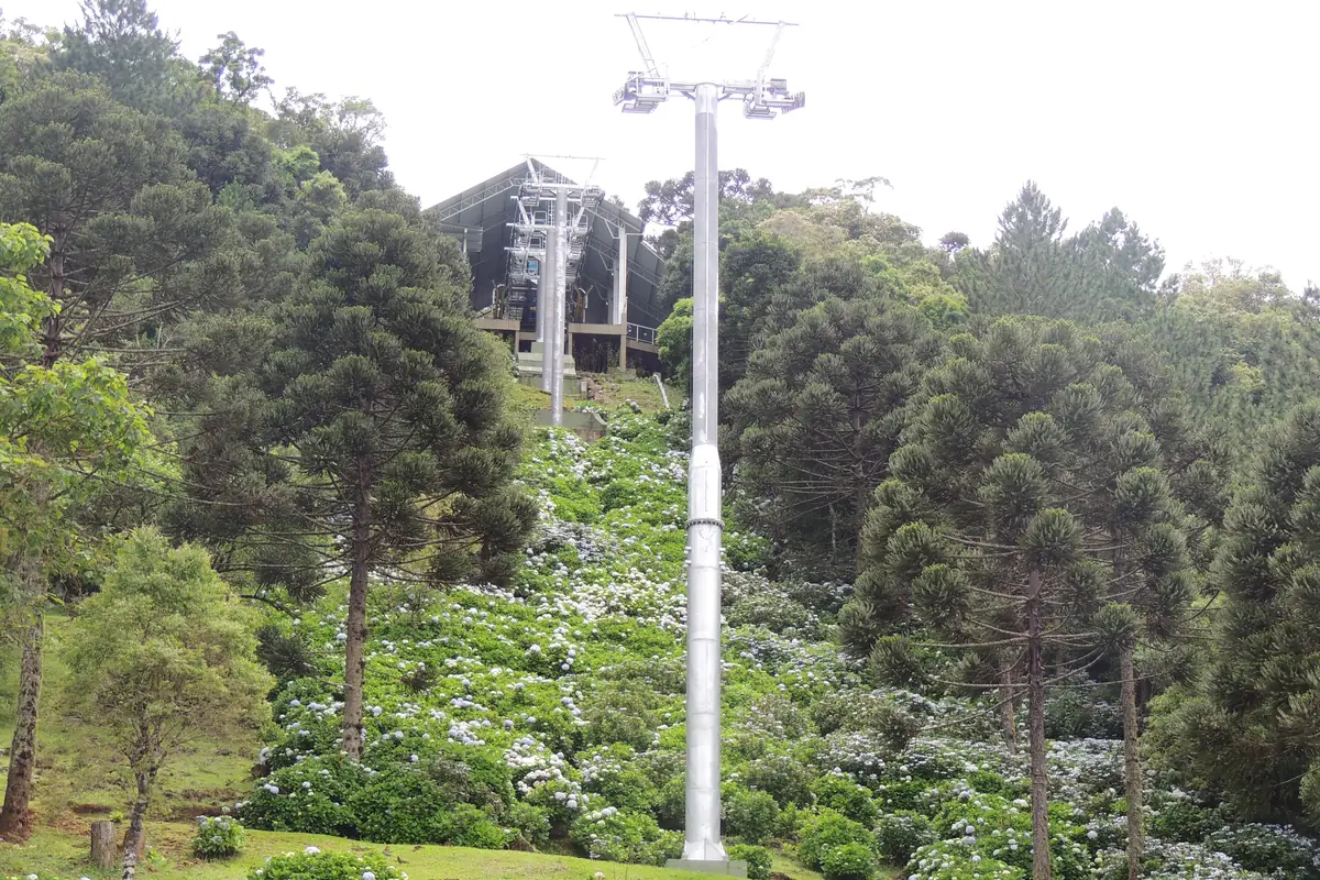 Bondinhos aéreos sobre a mata na região da Cascata do Caracol, em Canela