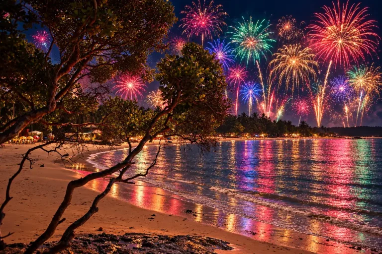 Praia da Concha em Itacaré à noite com vegetação, enseada e fogos coloridos refletidos na água