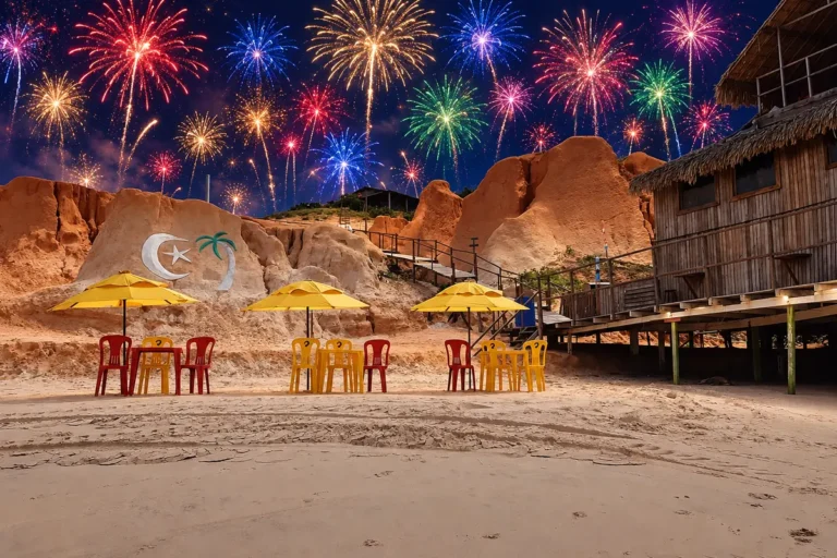 Canoa Quebrada à noite com falésias, símbolo da meia-lua e estrela e céu cheio de fogos coloridos