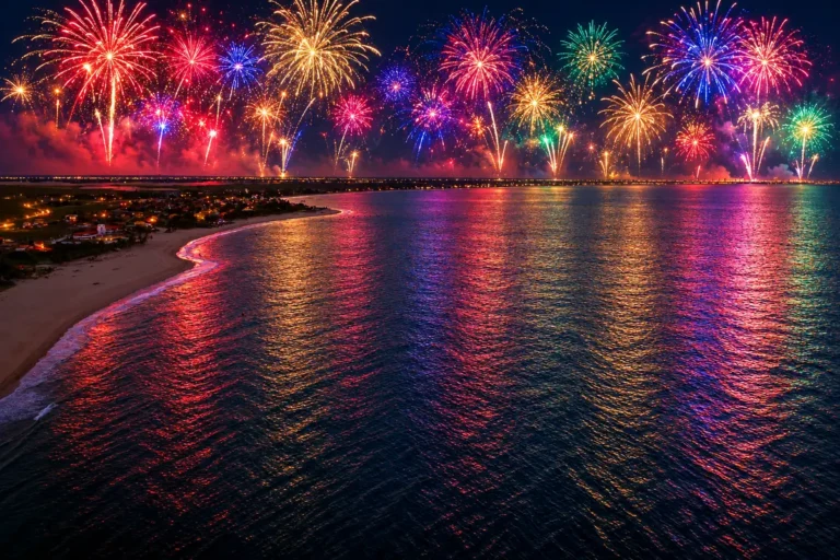 Praia do Coqueiro em Luís Correia à noite com costa, mar e céu cheio de fogos coloridos