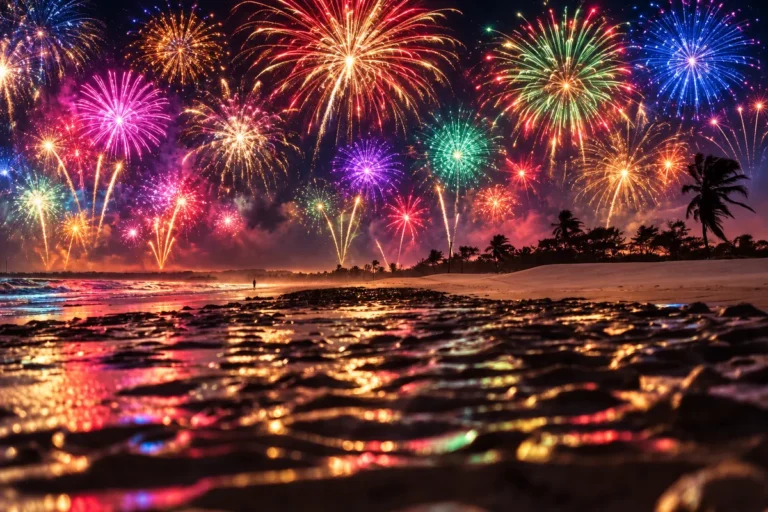 Praia de Cumbuco à noite com coqueiros, mar e céu cheio de fogos coloridos