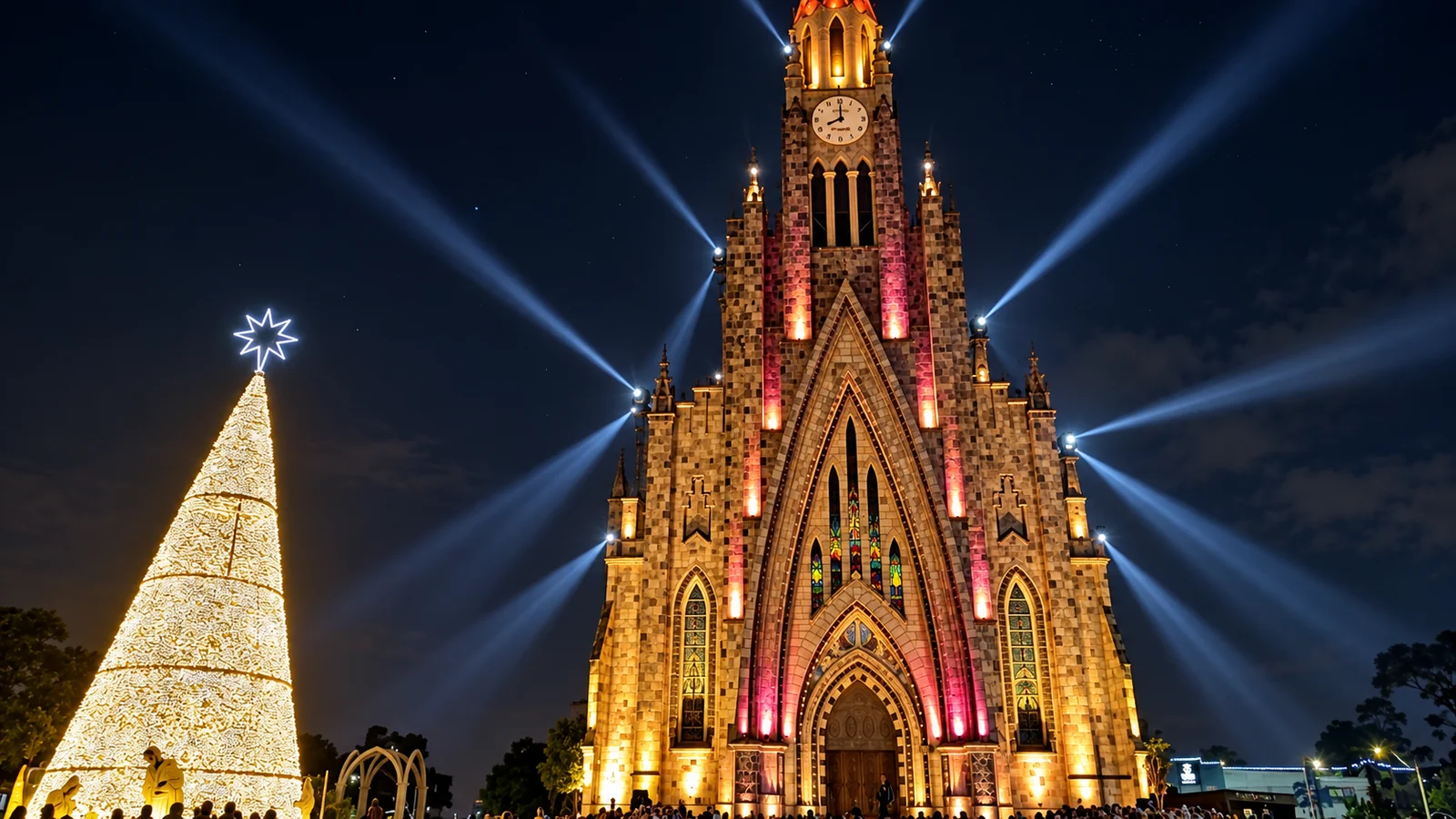 Catedral de Pedra et sapin illuminé pendant le Sonho de Natal à Canela