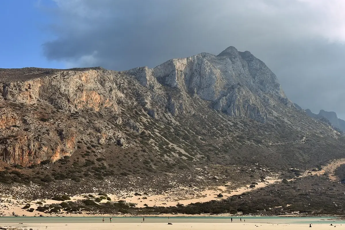Lagoa de Balos em Creta vista de cima, com agua azul-turquesa e dunas de areia