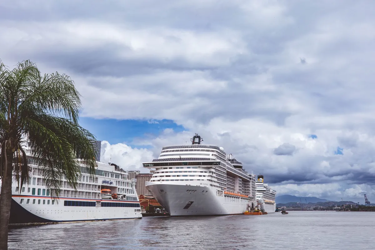 Navios de cruzeiro atracados em porto tropical com coqueiros