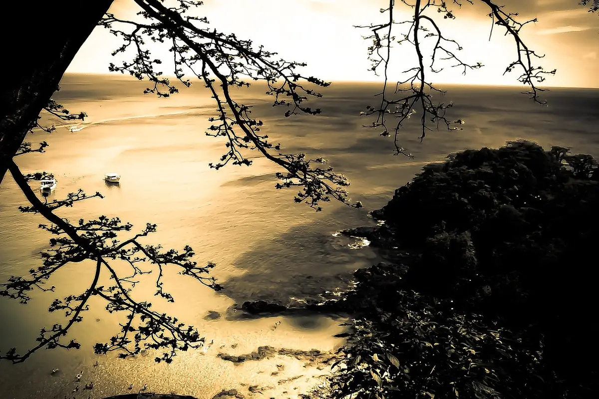 Ilha de Fernando de Noronha à noite, com o mar escuro e o céu estrelado