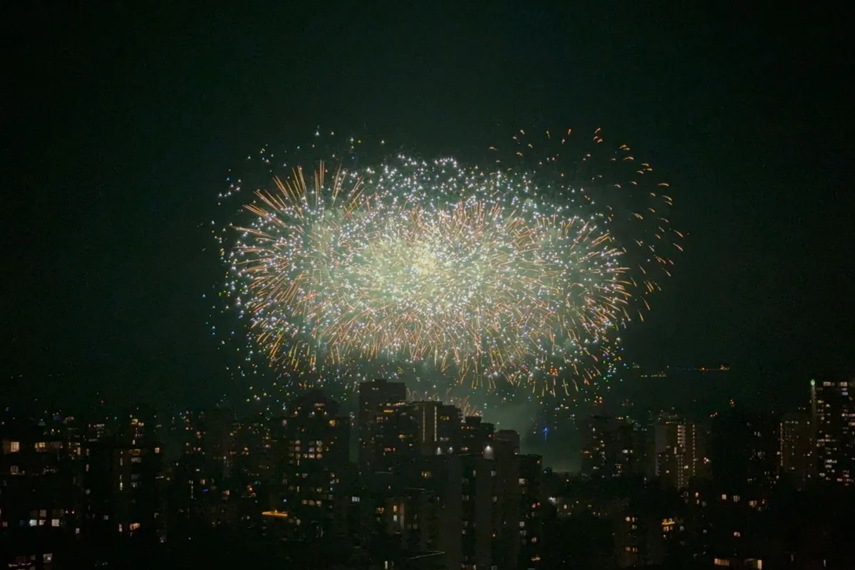 Fogos de artifício iluminam o céu escuro sobre uma cidade na virada do ano