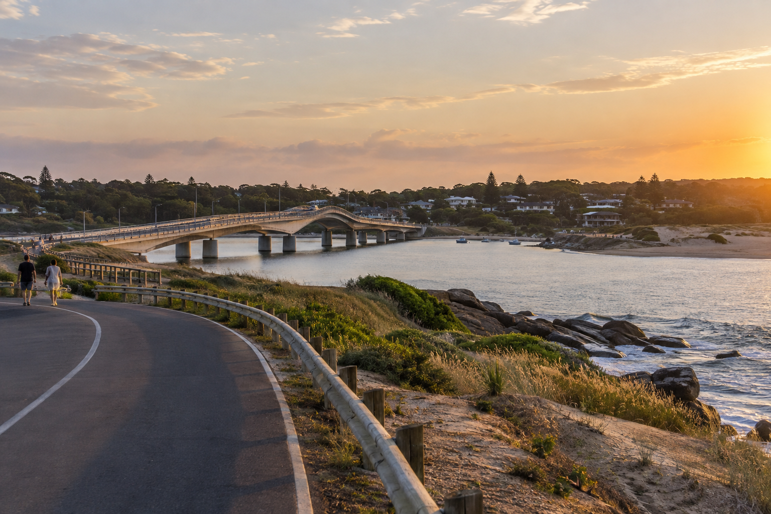 Ponte ondulada e orla em imagem editorial inspirada em La Barra
