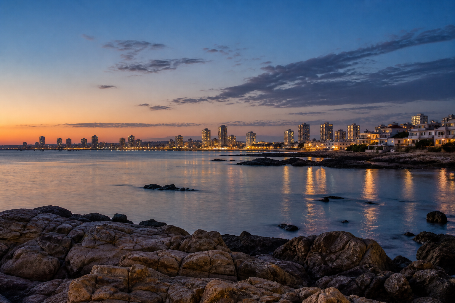 Baía e luzes ao entardecer em imagem editorial inspirada na península de Punta del Este