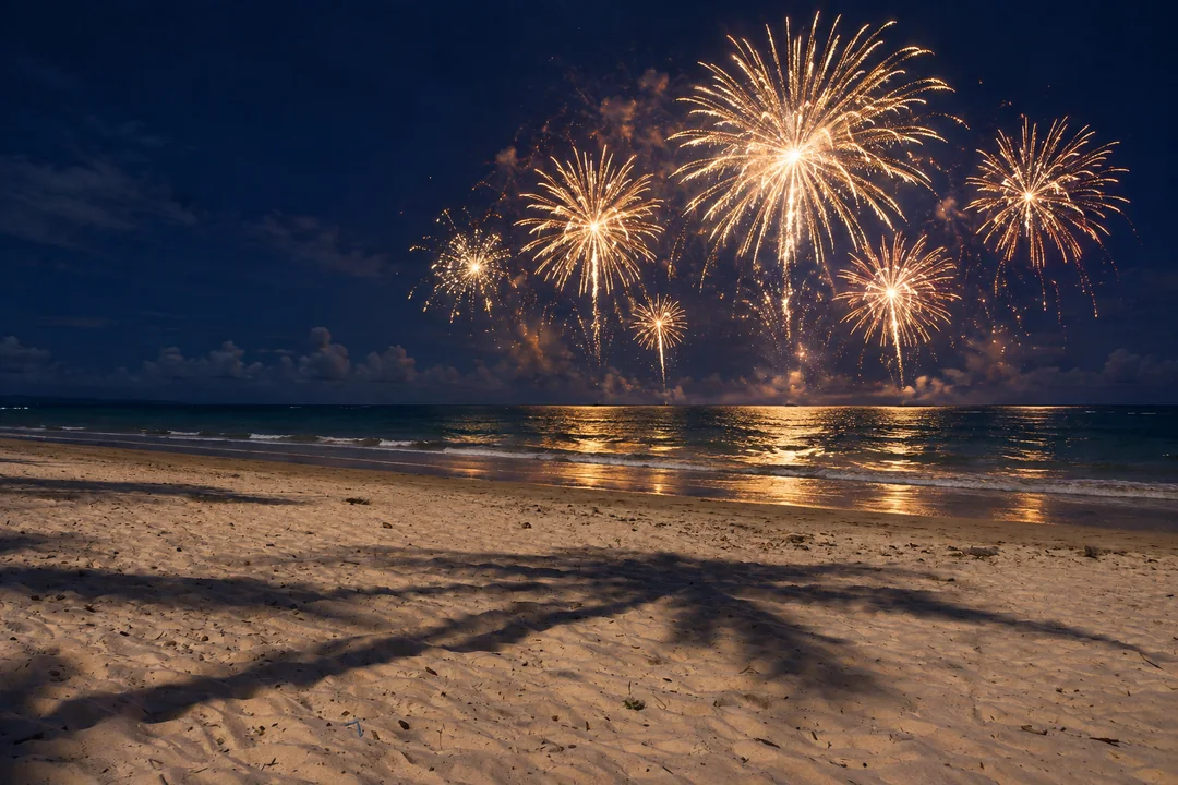 Imagem editorial por IA de fogos sobre praia de Arraial d'Ajuda