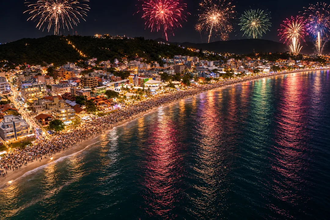 Fogos iluminando a Praia de Bombinhas com pessoas na areia no Réveillon