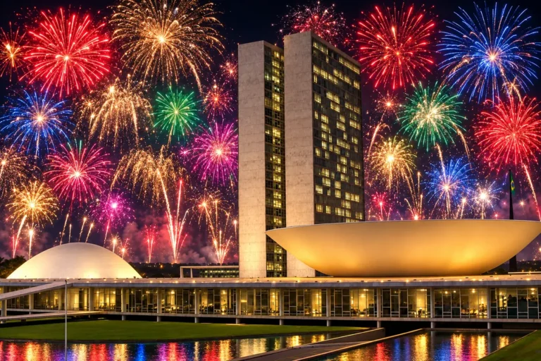 Brasília à noite com céu cheio de fogos coloridos de réveillon, ilustração