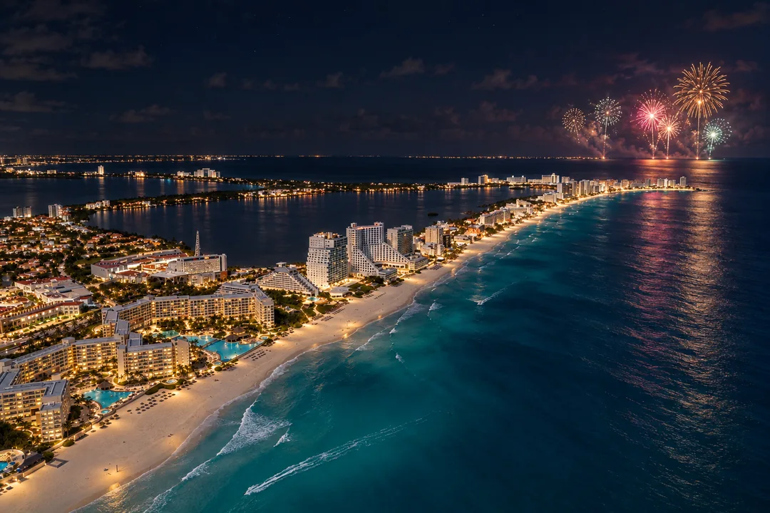 Vista noturna editorial da Zona Hoteleira de Cancún, entre a lagoa e o Caribe, com fogos sobre o mar