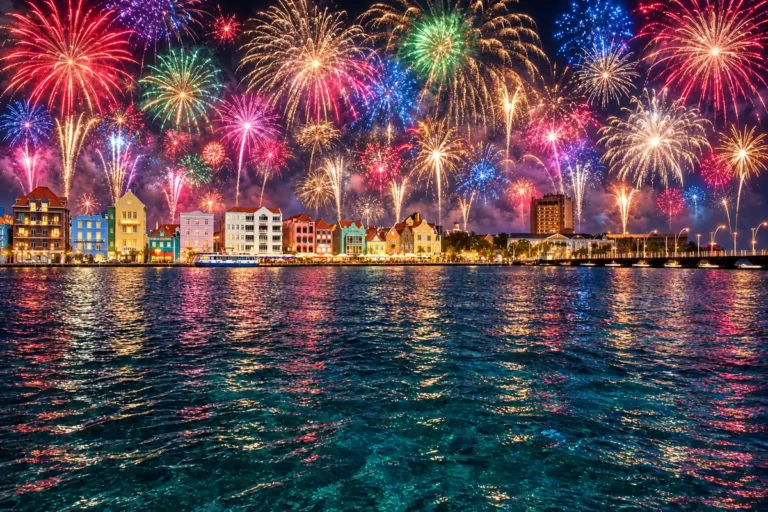 Fogos de várias cores sobre as fachadas coloridas e iluminadas da Handelskade, com reflexos na baía de Santa Ana em Willemstad, Curaçao.