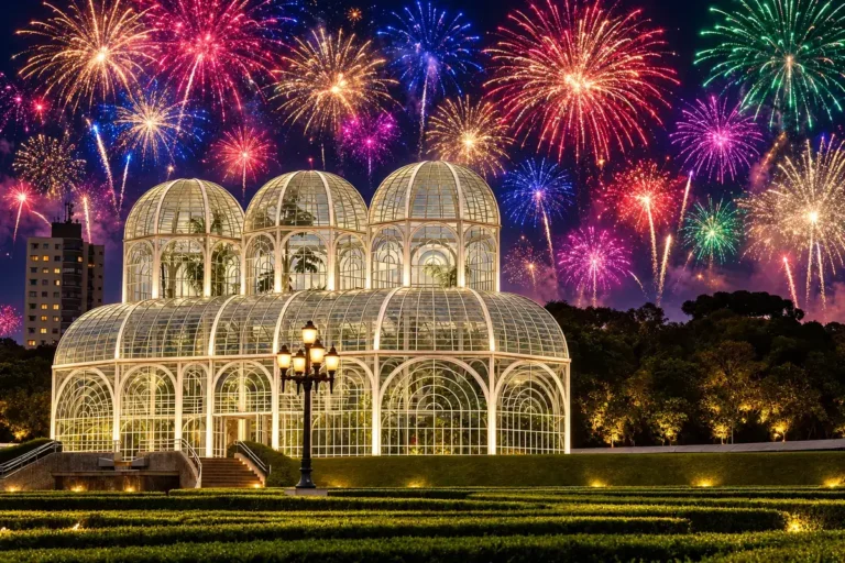 Curitiba à noite com céu cheio de fogos coloridos de réveillon, ilustração