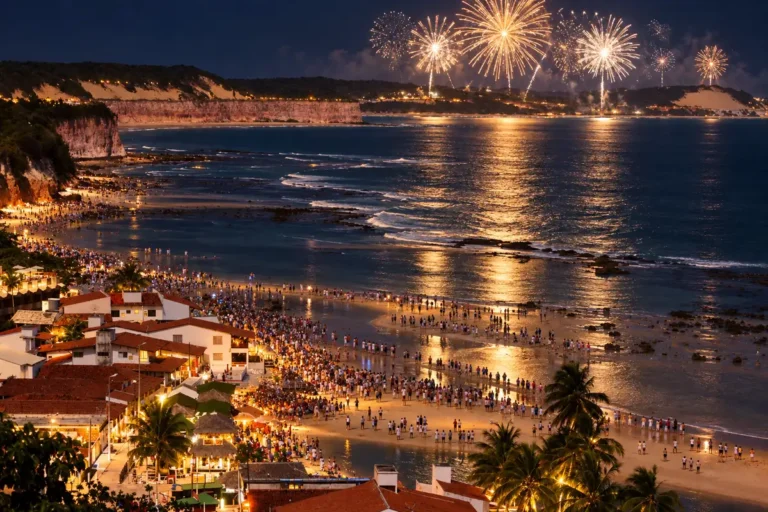 Fogos iluminam a Praia de Pipa durante a virada, com pessoas na areia