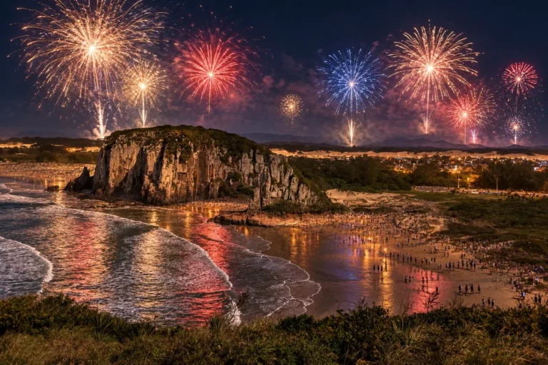 Fogos de Réveillon iluminam praia e falésias de Torres com pessoas na areia