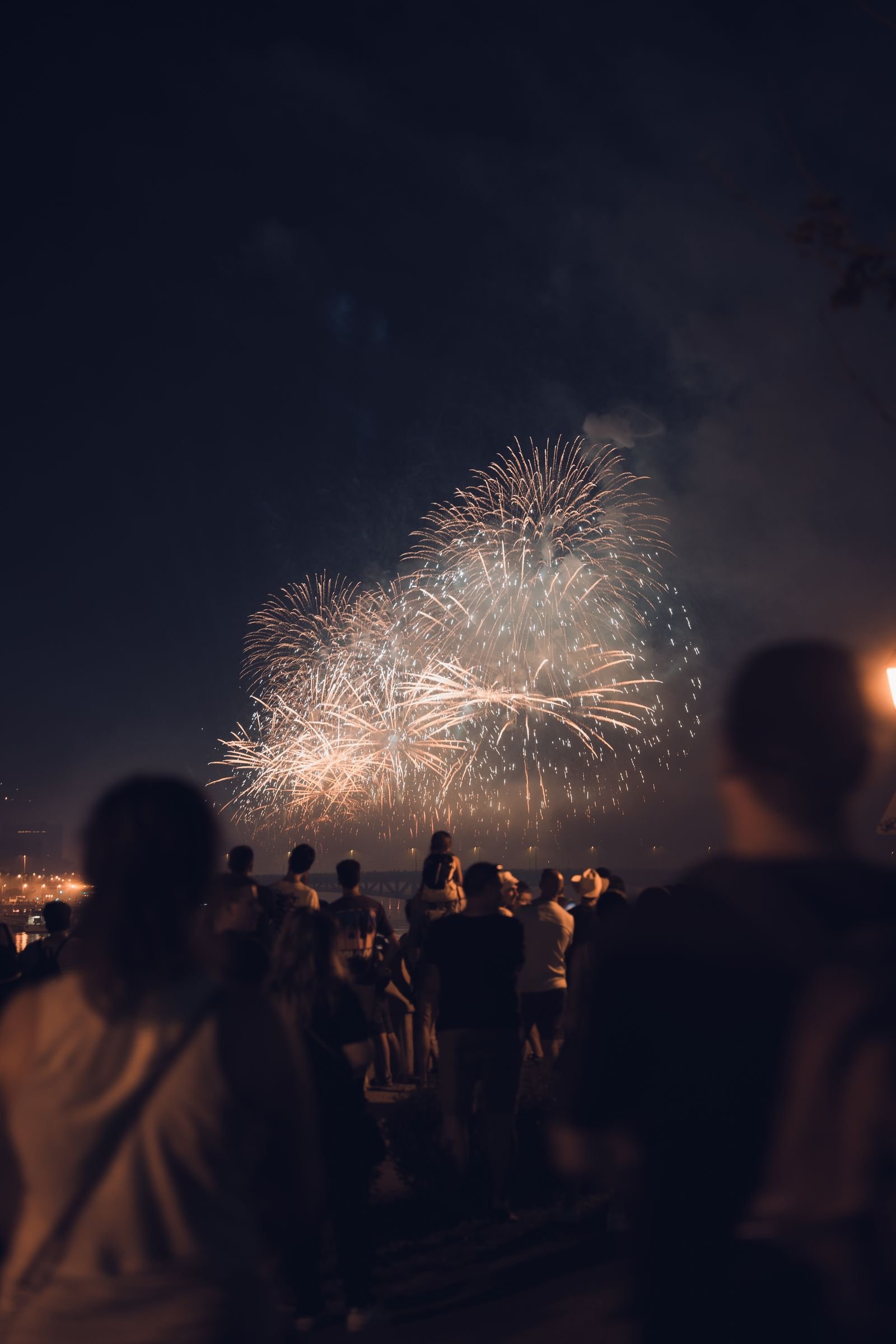 Pessoas observam fogos de artifício em céu escuro durante uma celebração