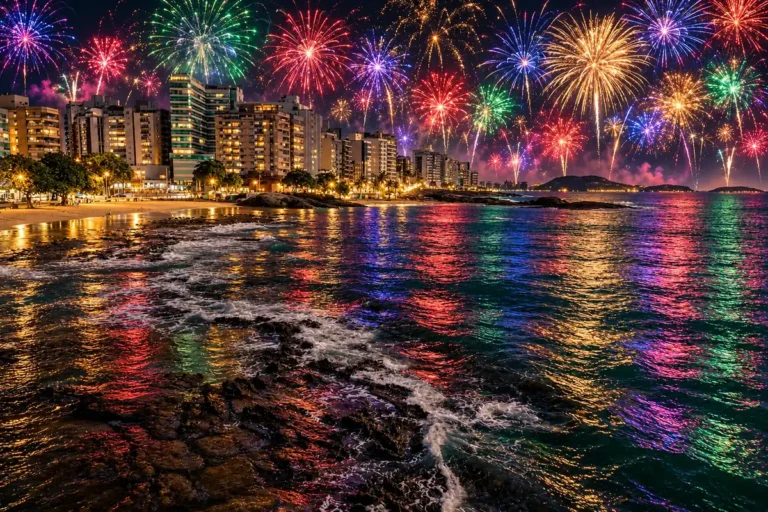 Guarapari à noite com céu cheio de fogos coloridos de réveillon, ilustração