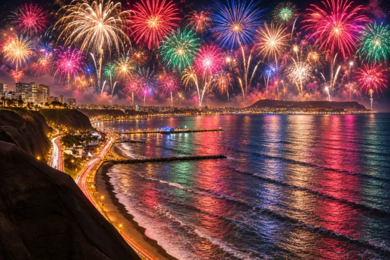 Céu cheio de fogos multicoloridos sobre as falésias de Miraflores, a orla iluminada de Lima e o oceano Pacífico.