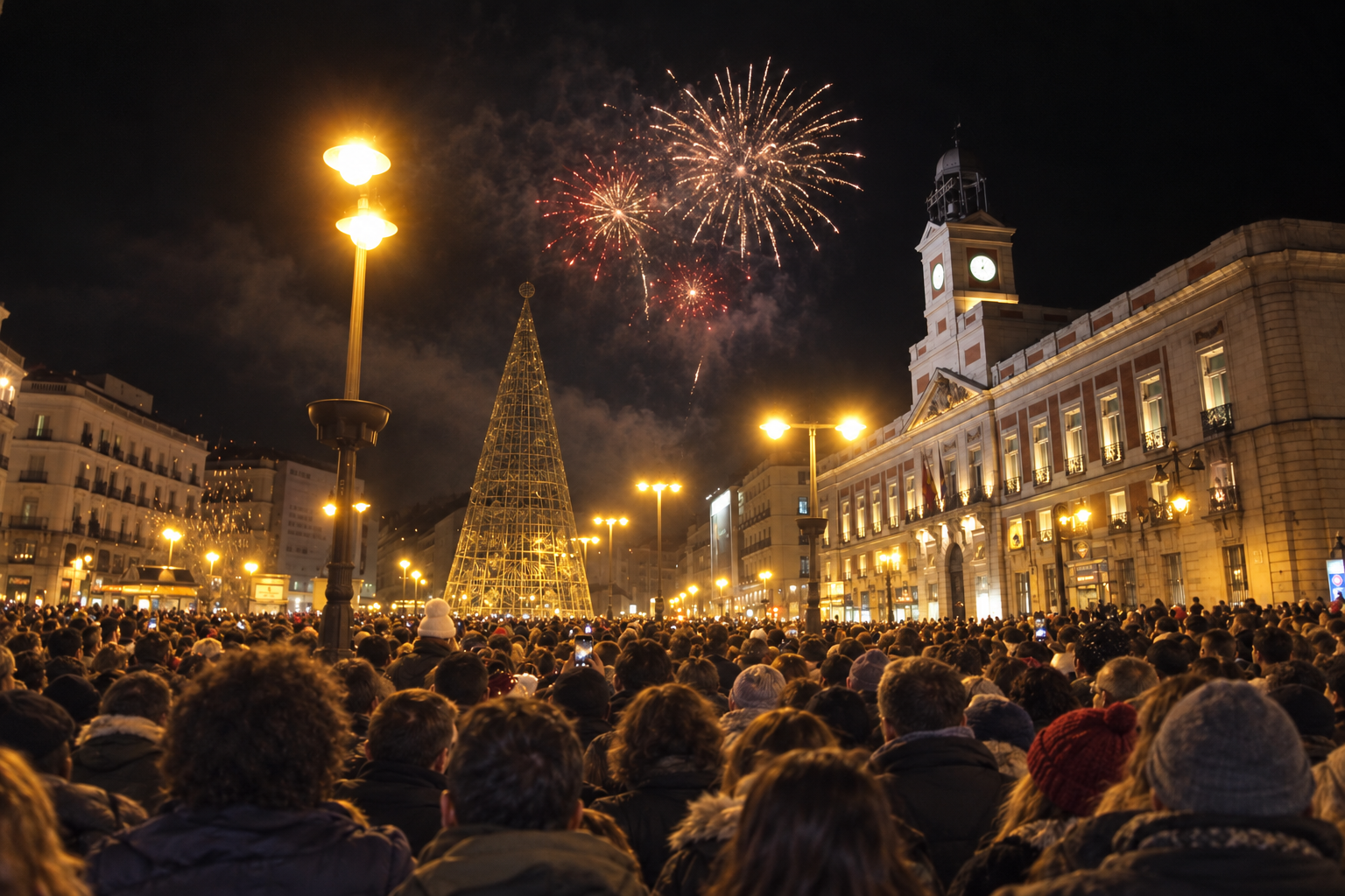 Ilustração editorial de uma multidão na Puerta del Sol, em Madri, à noite, com o relógio da Real Casa de Correos e fogos no céu
