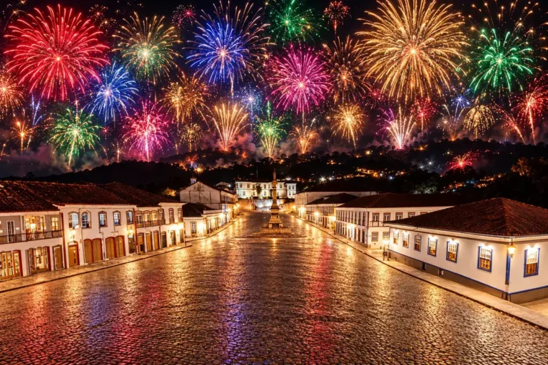 Praça Tiradentes em Ouro Preto à noite com céu cheio de fogos coloridos, ilustração