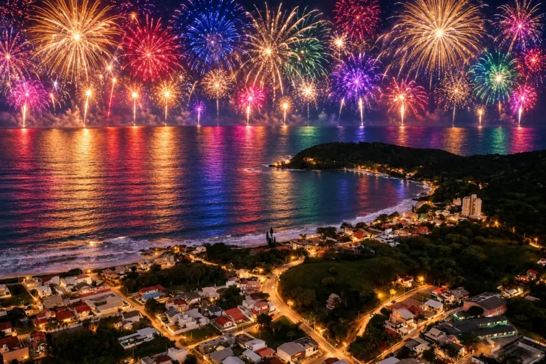 Penha à noite com céu cheio de fogos coloridos de réveillon, ilustração