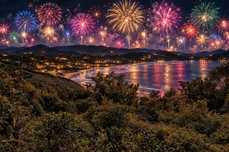Baía da Praia do Rosa, Imbituba, à noite com céu cheio de fogos coloridos